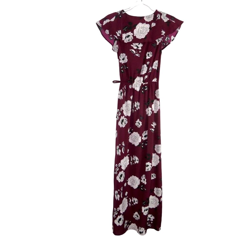 Japna Burgundy Floral Wrap Maxi Dress XS Sundress Short Sleeve Cute - Picture 2 of 5